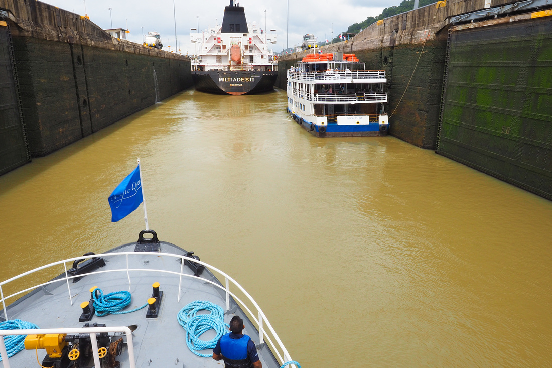 We are now In the Pedro Miguel lock of the Panama Canal. Water from Gatun Lake will be poured in into this lock to raise the water level to around 85 feet above sea level, allowing the boats to enter